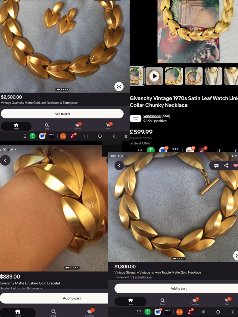 Givenchy MSRP $2800 Vintage 1970s Satin GOLD Leaf Link Interlocked Collar SET - Picture 7 of 7
